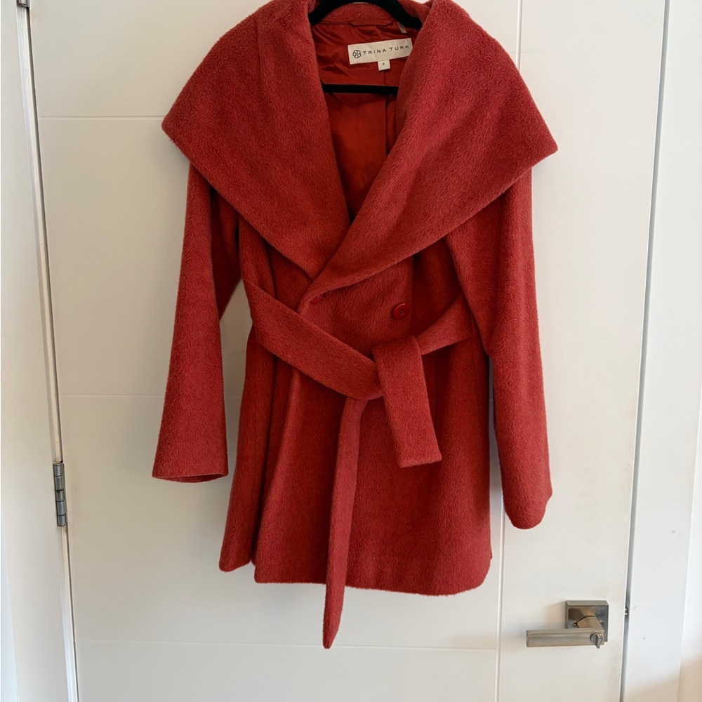 Trina Turk Reddish Orange Wool Wrap Coat